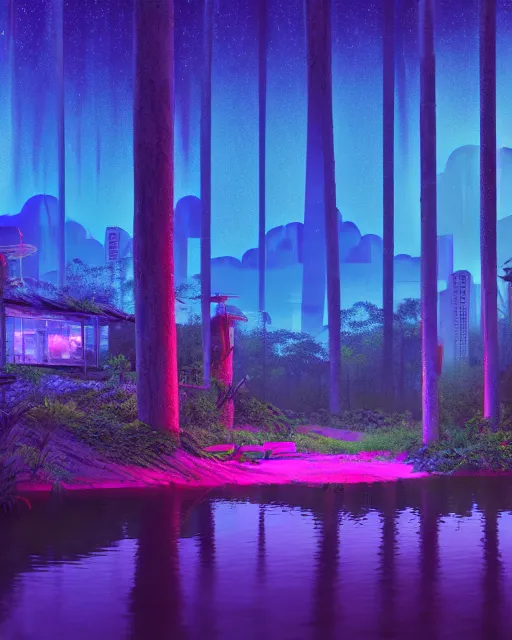 Image similar to architecture by john william casilear, infrared lake lightpaint cyberpunk vaporwave uv light rainforest nightsky nature morning sun meadow at night reclaimed by nature, archdaily, wallpaper, highly detailed, trending on artstation.