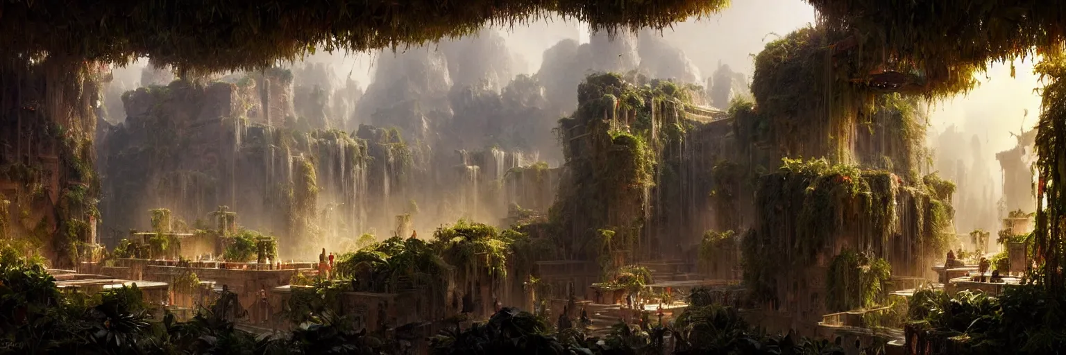 Image similar to a cinematic scene from the hanging gardens of babylon, concept art by james gurney and greg rutkowski, dramatic lighting, ultra hd, hdr, 8 k