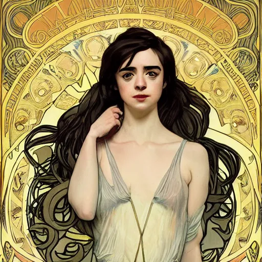 Image similar to a combination of Maisie Williams, Krysten Ritter, Anne Hathaway and Natalia Dwyer Christina Ricci and Lily Collins by Alphonse Mucha, Magali Villeneuve and Livia Prima, trending on artstation, long hair, dark eyes