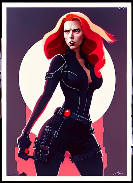 Image similar to peter mohrbacher, phil noto, artgerm, pretty scarlett johansson black widow, symmetrical eyes, long red hair, full body, city rooftop