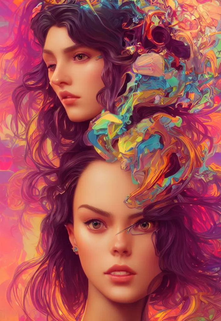 Prompt: beautiful, young woman, detailed gorgeous face, vaporwave aesthetic, synthwave, colorful, psychedelic, crown, artstation, concept art, smooth, extremely sharp detail, finely tuned detail, ultra high definition, 8 k, unreal engine 5, ultra sharp focus, illustration, art by artgerm and greg rutkowski and alphonse mucha