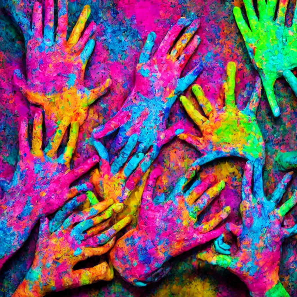 Prompt: artist covered in multicolor paint with hands in robotic neon gloves