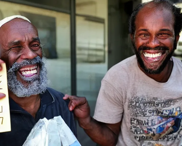 Image similar to a handsome homeless man with a colgate smile is in joy after winning the lottery.