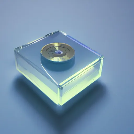 Image similar to an ultra high definition professional studio quality photograph of a transparent iridescent perspex pastel coloured tape player on a bedside table in an empty white room. dramatic lighting, ray tracing, refraction, shallow d. o. f, colour corrected, golden ratio, three point light. volumetric shadows. god rays.