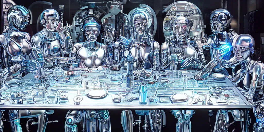 Image similar to !13 diverse cyborgs on !one_side of a reflective !cybernetic table, !!posing_as_last_supper, inticrate detailed glowing implants, !!highly detailed, beautiful lighting