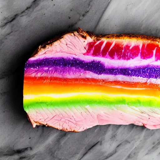 Prompt: a prime unicorn steak. rainbow colored meat with glittery marbling