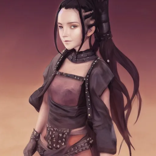 Image similar to portrait of a female berber mage, devil horns and black hair in a ponytail wearing a steel chestplate in a desert, half body, single subject, ambient lighting, highly detailed, digital painting, trending on pixiv fanbox, studio ghibli, extremely high quality artwork, art by ross tran and artgerm and makoto shinkai