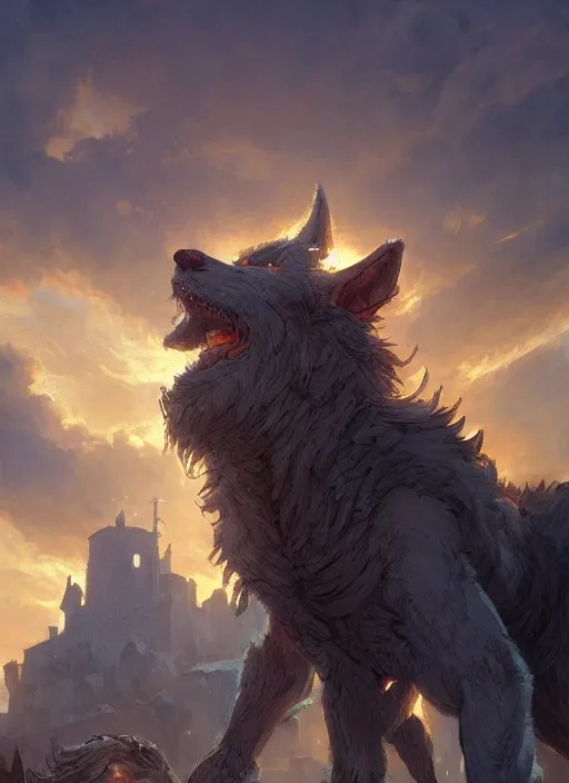 Prompt: a beautiful artwork illustration, rim light Fenrir standing over a medieval village at sunset, destruction, by Greg Rutkowski and Jesper Ejsing and Raymond Swanland, featured on artstation, wide angle, vertical orientation