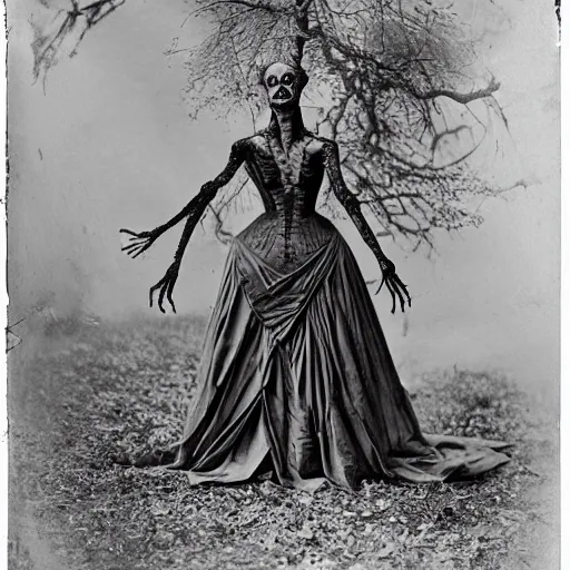 Prompt: 1860 photo of an old freak show body spider-woman, on the middle of a forest, spooky , veins, arteries, intricate, golden ratio, full frame, elegant, highly detailed, ornate, ornament, sculpture, elegant , luxury, beautifully lit, ray trace, 3d, PBR