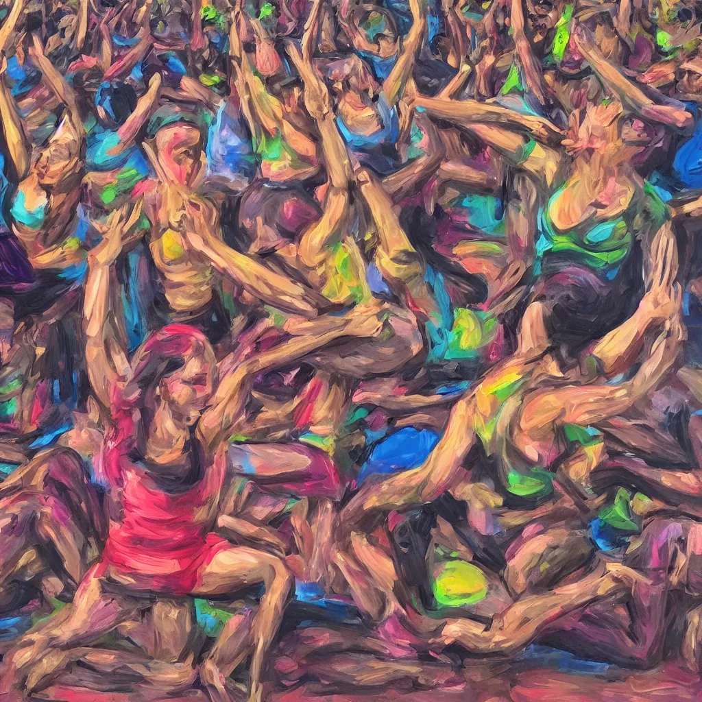 Image similar to chaotic yoga fitness teacher, expressive, hyperrealism, photorealistic