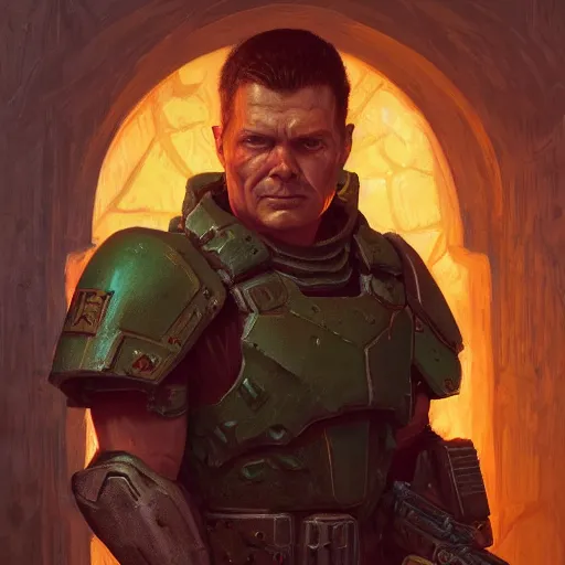 Image similar to the doomguy as a realistic fantasy d & d character, closeup portrait art by donato giancola and greg rutkowski, realistic face, digital art, trending on artstation
