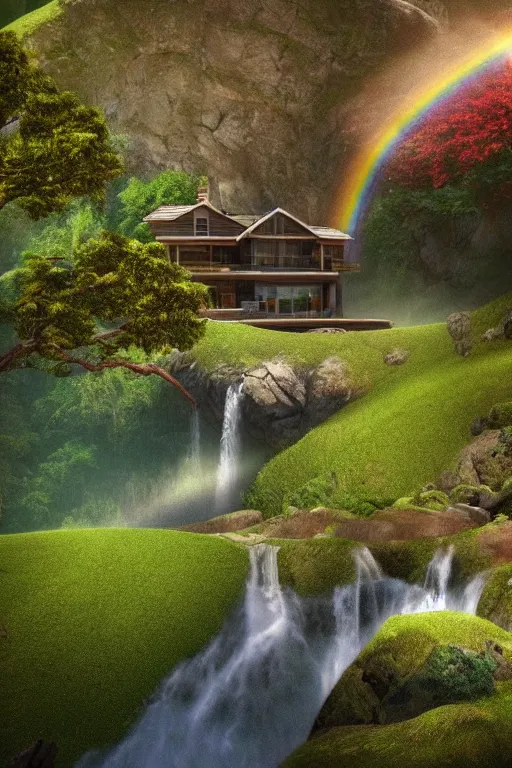 Image similar to a beautiful and peaceful place that has 4 weather seasons at a time, the position of the house on a hill there is a waterfall, rainbow, small river, octane render, cinematic lightning, HD, 8k, by RAFFAELLO OSSOLA and Tyler Edlin, trending on instagram, artstation