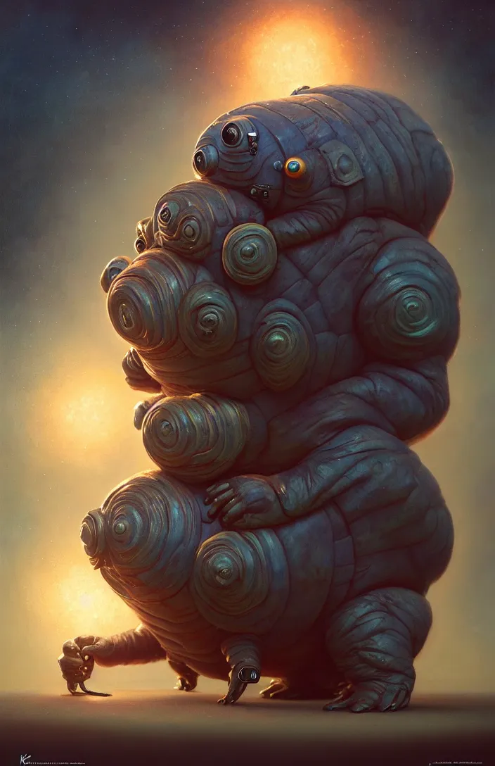 Image similar to a portrait of a tardigrade standing with the tardigrademobile by karol bak, james jean, tom bagshaw, rococo, sharp focus, trending on artstation, cinematic lighting, hyper realism, octane render, 8 k, hyper detailed, vivid, ultra detailed, highly detailed