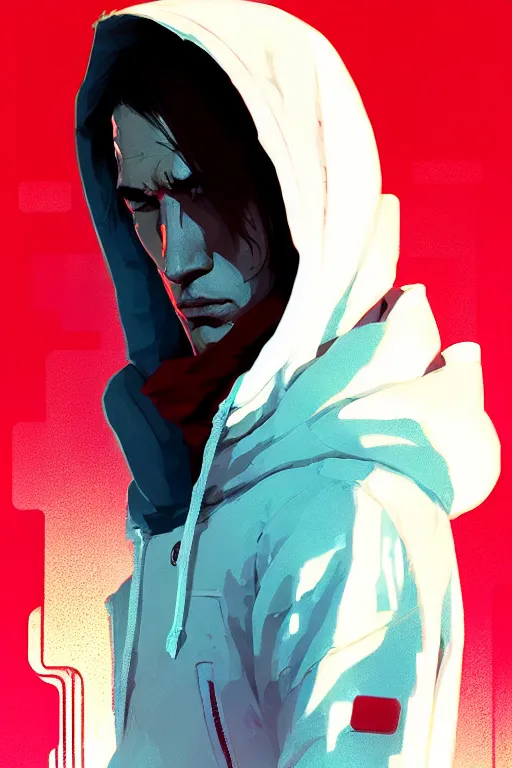 Prompt: cyberpunk synth, hyper - realistic portrait of a man in a white and red hoodie, cyberpunk, by atey ghailan, by greg rutkowski, by greg tocchini, by james gilleard, by joe fenton, by kaethe butcher, dynamic lighting, gradient light blue, brown, blonde cream and white color scheme, grunge aesthetic