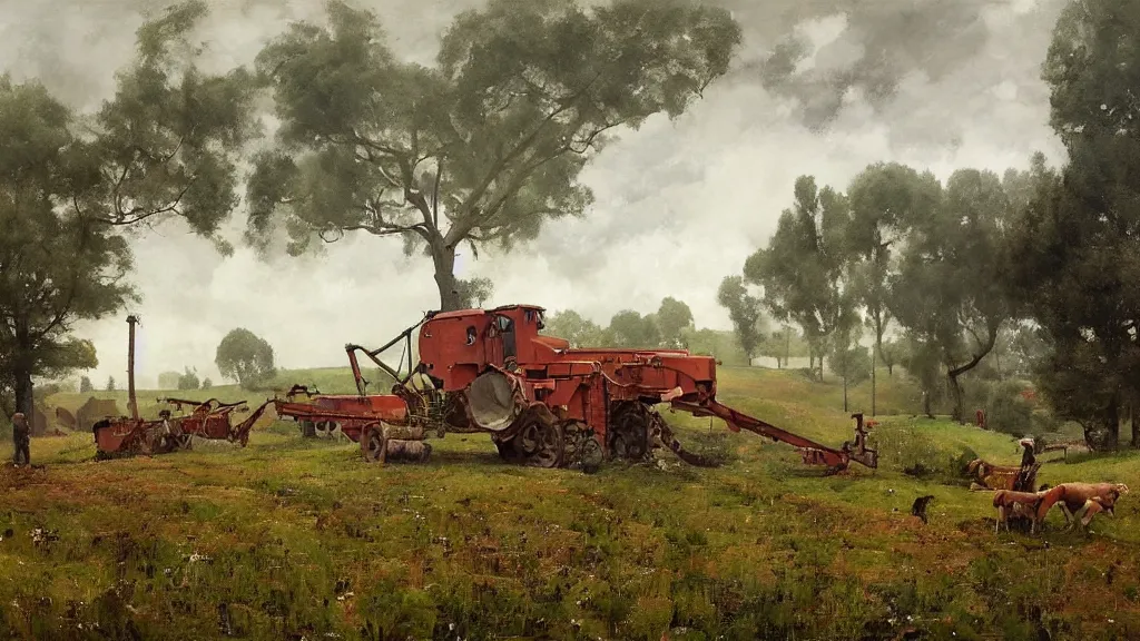 Prompt: 1920's farming village in the countryside bordering a forest with bipedal mech combine harvesters assisting the farmers below, painted by Jakub Rozalski