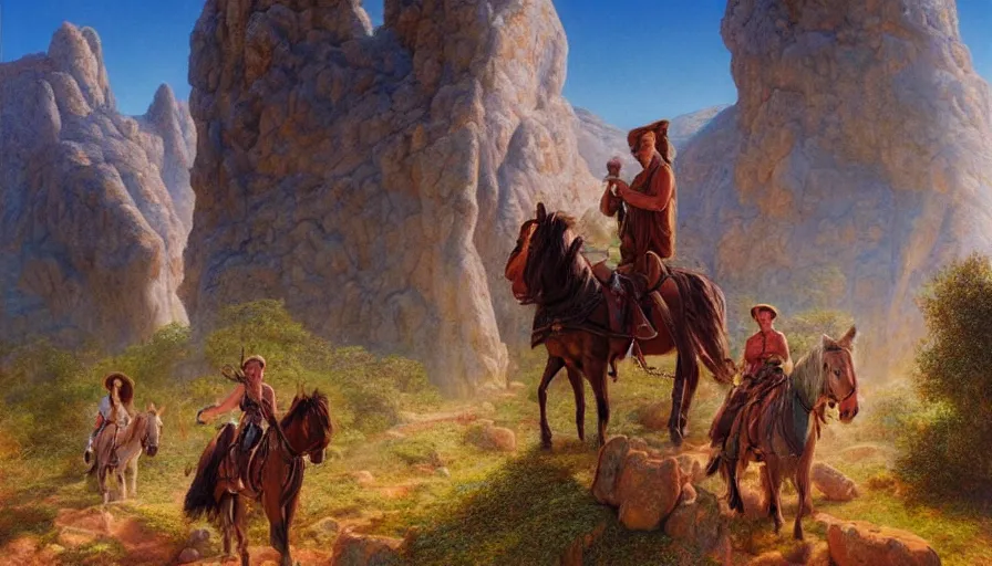 Prompt: weary travellers on horseback through a mountain path surrounded by giant statues of greek gods, soft lighting, pastel colors, ultra high detail, oil on canvas, HD, by Gilbert Williams, by Jeffrey Smith, by John Howe, by Michael Whelan