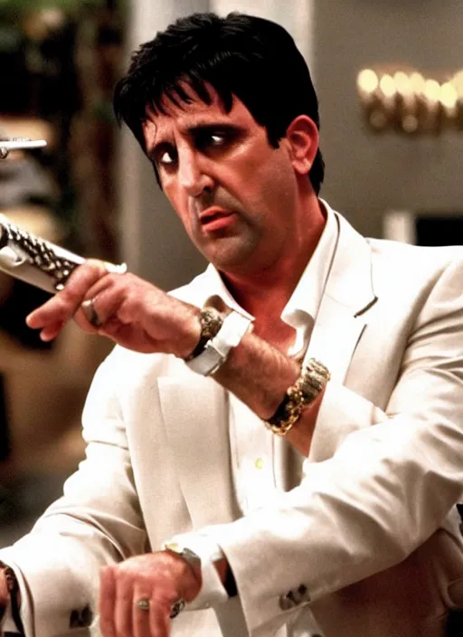 Image similar to film still of Michael Scott as Tony Montana in Scarface.