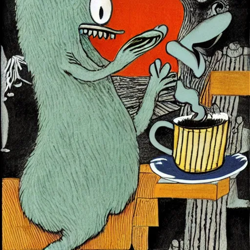 Image similar to highly detailed illustration of a monster smiling like crazy and dancing holding a beautiful steaming cup of coffee, style of Japanese illustration, Maurice Sendak, Tove Jansson