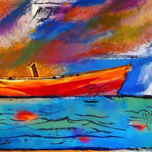 Image similar to a painting of a boat floating on a body of water, an abstract painting by ted degrazia, reddit contest winner, lyrical abstraction, mixed media, acrylic art, oil on canvas