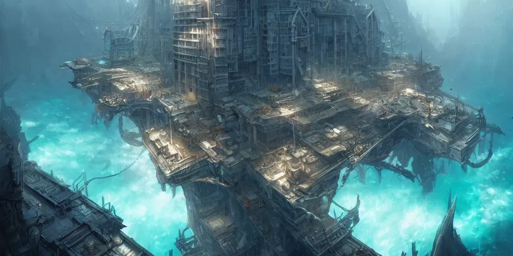Image similar to ultra realistic underwater city, buildings, people, style epic, insanely detailed, artgerm style, clear, ocatne render, artstation trend, epic art style, greg rutkowski, cinematic, concept art, 8 k hd