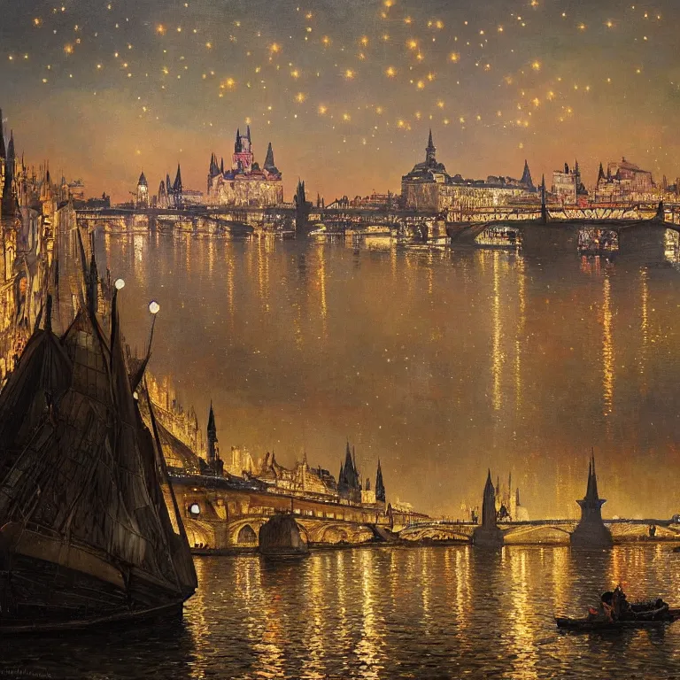 Image similar to a beautiful painting of the view from the river of london or prague during a fireworks festival, at night with a sky full of stars and fireworks, intricate, elegant, highly detailed, digital painting, artstation, concept art, by krenz cushart and artem demura and alphonse mucha