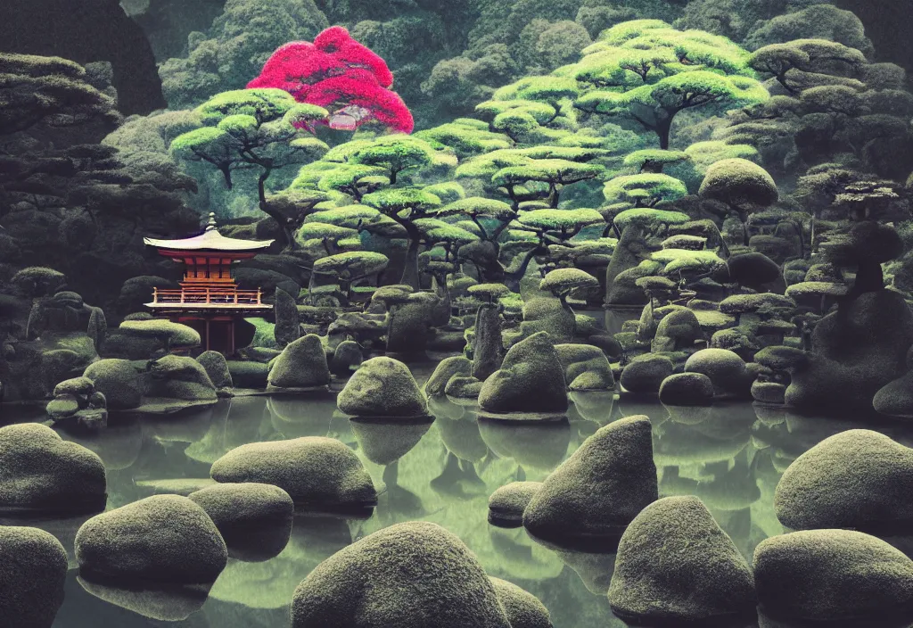 Image similar to serene beautiful temple rock garden kyoto, japan, a collage painting, in the style of wes anderson, lola dupre, david hockney, isolated on negative white space background dark monochrome fluorescent neon spraypaint accents volumetric octane render