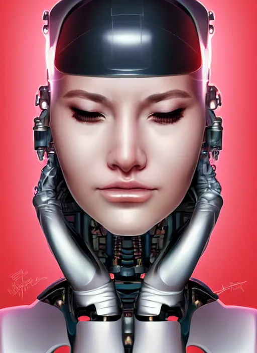 Prompt: portrait of a cyborg woman who turns her head to the ((((((right))))) left+350.1 (((((up))))) (((((down))))) by Artgerm,eyes closed , biomechanical, hyper detailled, trending on artstation