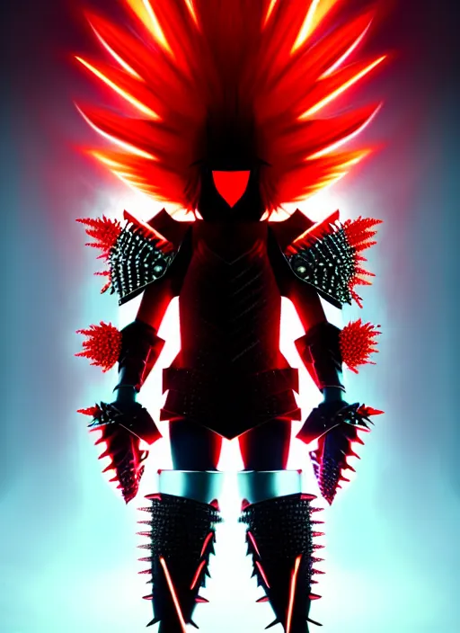 Image similar to a striking cinematic full body manga portrait of a long black haired masked male teenager wearing imposing red jagged spiked plate armour and glowing with raging powerful red energy by hirohiko araki and beeple, fine details, digital art, character concept art, volumetric lighting, cinematic light, photorealistic