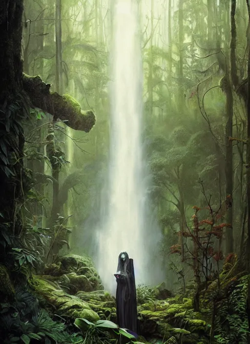 Image similar to a hyper realistic architectural witch shrine under a waterfall in the woods, gorgeous lighting, lush forest foliage, painting by chiara bautista and tom bagshaw, muca beksinski and norman rockwell and greg rutkowski weta studio, and lucasfilm