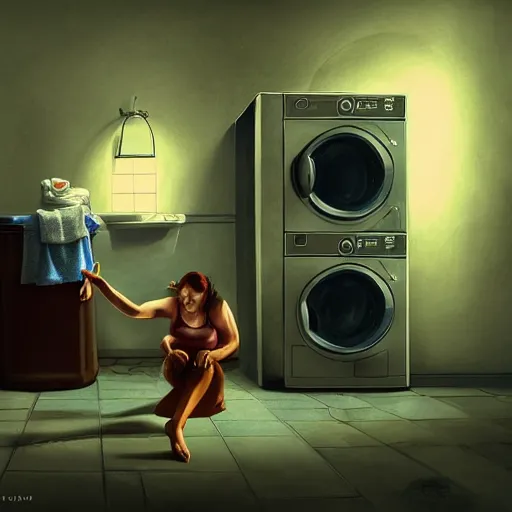 Prompt: woman demon crawling out of a washing machine in a laundry room, cinematic lighting, inspired by Evgeny Lushpin,George, greg rutkowski winter,nighttime,cinematic,art station