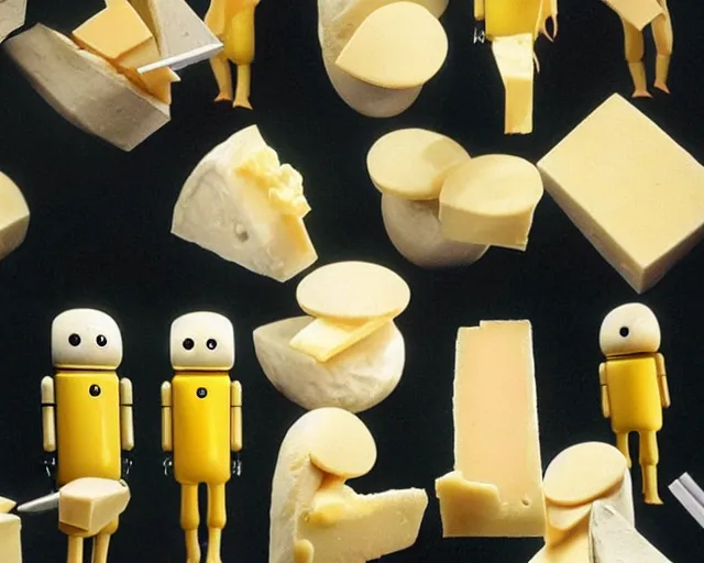 Prompt: incredible strange absurd closeup artwork of androids tasting cheese, finding it very weird but yet tasteful at the same time, weird tasting ritual of cheese products in the style of tim walker fashion photography