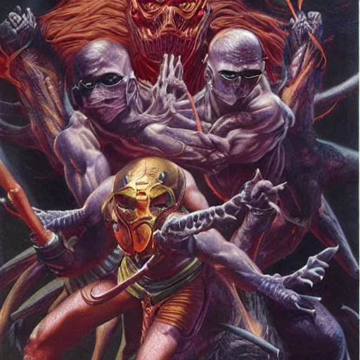 Image similar to Stable Diffusion beats Dalle 2 in a Mortal Kombat tournament cover art by Wayne Barlowe