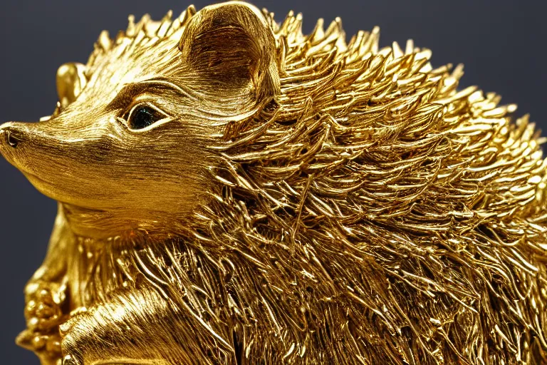 Prompt: photographic close up of a golden hedgehog statue, intricate detail, 4k desktop background