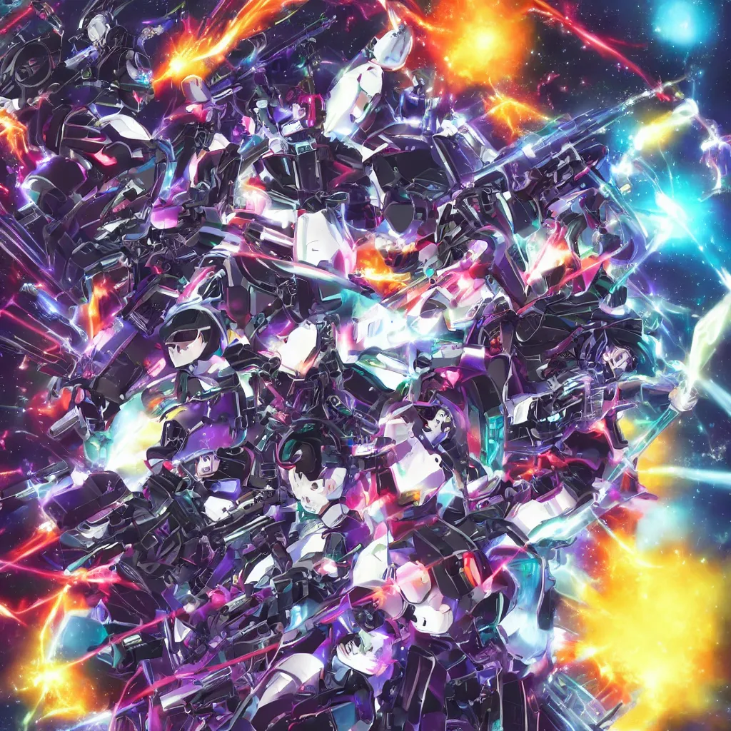 Image similar to a cybernetic nightmare stars, blinding explosions, beeple geiger falling into an event horizon with tetsuya and kansuke yomamato