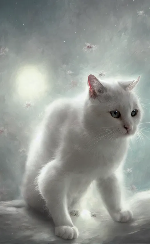 Image similar to a white cat with cosmos in its eyes, dynamic lighting, photorealistic fantasy concept art, trending on art station, stunning visuals, creative, cinematic, ultra detailed