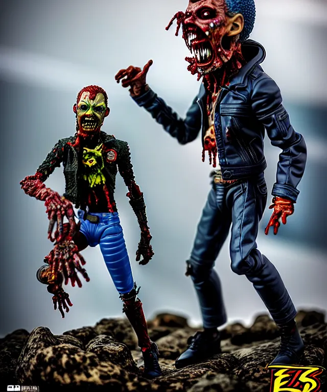 Image similar to hyperrealistic rendering, epic boss battle, punk rock zombie, by art of skinner and richard corben, product photography, collectible action figure, sofubi, hottoys, storm clouds, outside, lightning