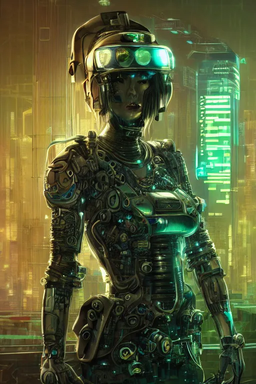 Prompt: Portrait of a cyberpunk sci-fi cyborg, third person, D&D, sci-fi fantasy, pistons and bolts, intricate, green and gold, highly detailed, art by Range Murata, highly detailed, 3d, octane render, bright colors, digital painting, trending on artstation, sharp focus, illustration style of Stanley Artgerm, background in a cinematic style