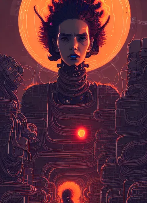 Image similar to highly detailed portrait of wasteland punk long curly fire hair tribal lady, stray wiring by atey ghailan, james gilleard, by joe fenton, by greg rutkowski, by greg tocchini, by kaethe butcher, 4 k resolution, gradient red, orange, black and white color scheme!!! ( ( flaming robotic dystopian city spiral background ) )