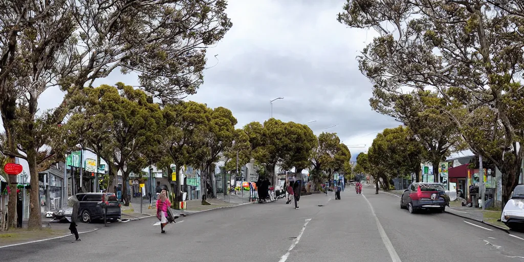 Image similar to a street in a new zealand city where the roads have been replaced by wetlands filled with flowering new zealand flax. tui birds drink nectar. google street view. very windy day. people walking on the footpath