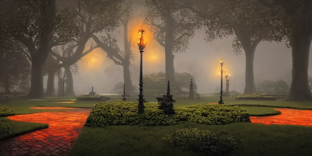 Image similar to beautiful render of glorious palace gardens, by lee madgwick and hubert robert, blade runner style, orange glow, vivid color, moody lighting, unreal engine, foggy