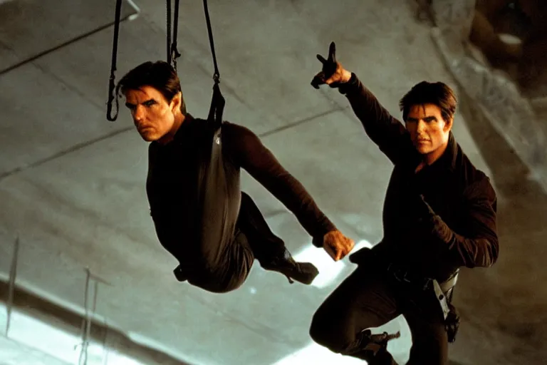 Prompt: Tom Cruise suspended from the ceiling in Mission Impossible