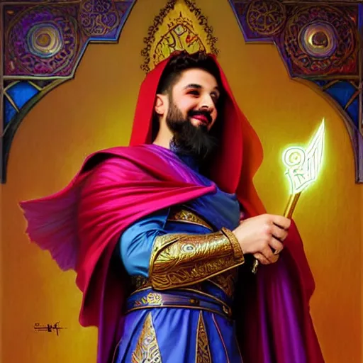 Image similar to charming tailor of middle - eastern descent, dressed in fine colorful robes and jewelry over fantasy armor, goatee, smirking, holding a magic needle, fantasy art by barret frymire by artem priakhin, art by artgerm and greg rutkowski and alphonse mucha, artstation, matte, illustration, intricate, highly - detailed high resolution