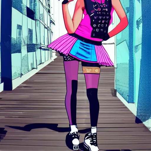 Prompt: punk girl with blue hair, wearing headphones and sunglasses, short skirt and white tank top, fishnet stockings, rollerblades, 3D art, cel shading