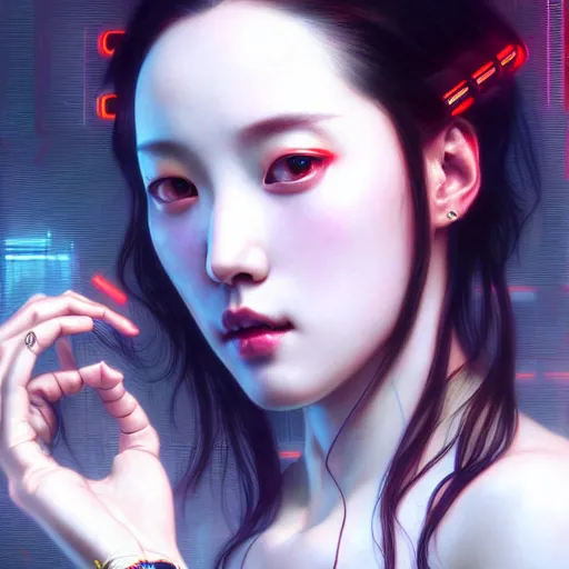 Image similar to portrait painting of sunmi as a cyberpunk technician, ultra realistic, concept art, intricate details, eerie, highly detailed, photorealistic, octane render, 8 k, unreal engine. art by artgerm and greg rutkowski and magali villeneuve and alphonse mucha