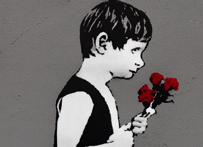 Image similar to a side profile of a single boy holding flowers in the style of Banksy on a white concrete background, graffiti, digital art