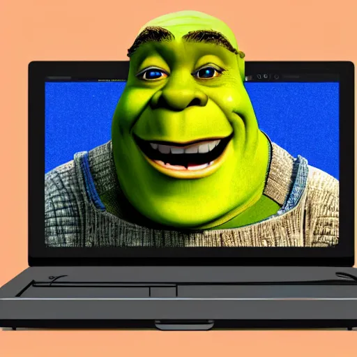 Prompt: shrek using the computer, hd