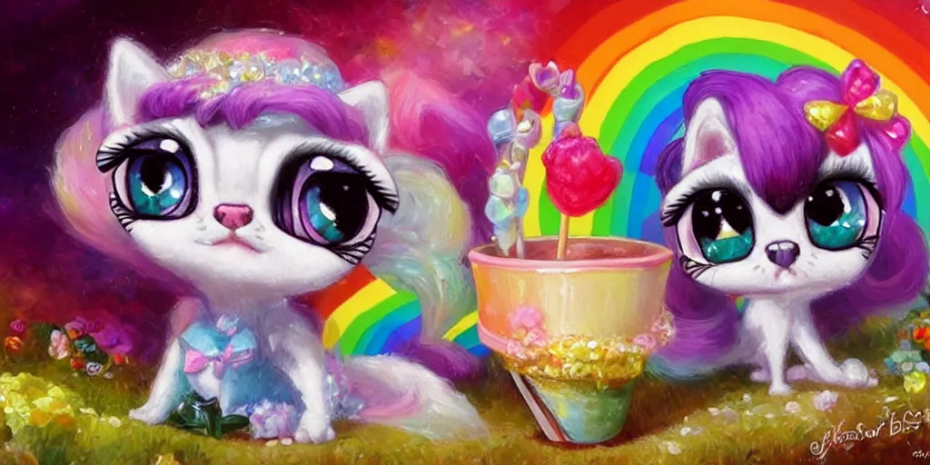 Prompt: 3 d littlest pet shop cat, lacey accessories, glittery wedding, ice cream, gothic, rainbow, master painter and art style of noel coypel, art of emile eisman - semenowsky, art of edouard bisson