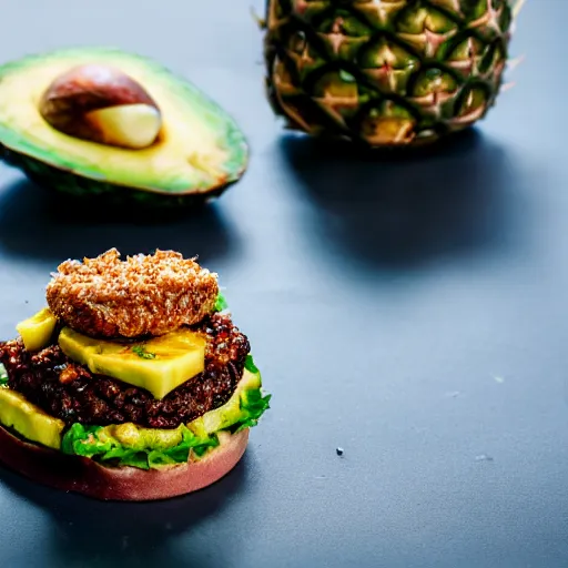 Prompt: juicy vegan hamburger topped with pineapple and avocado, crispy buns, 8 k resolution, food photography, studio lighting, sharp focus, hyper - detailed