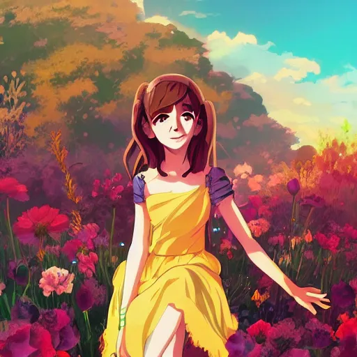 Image similar to portrait of Emma Watson as Hermione, dressed as Cleopatra, field of flowers background, rich vivid colors, ambient lighting, dynamic lighting, 4k, HQ, anime key visual, makoto shinkai, ilya kuvshinov, lois van baarle, rossdraws, detailed, trending on artstation