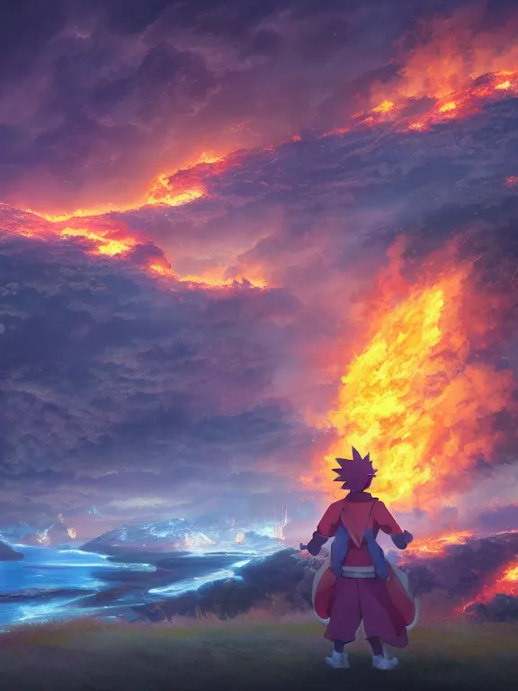 Image similar to a ultradetailed beautiful matte painting of a fire - type pokemon trainer preparing to battle, dynamic lighting, cinematic lighting, etheric, oil panting, high resolution, 4 k, by ken sugirmori and makoto shinkai